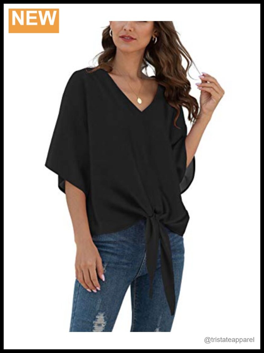 Womens Chiffon Blouse Tie Front V Neck 3/4 Sleeve Summer Top